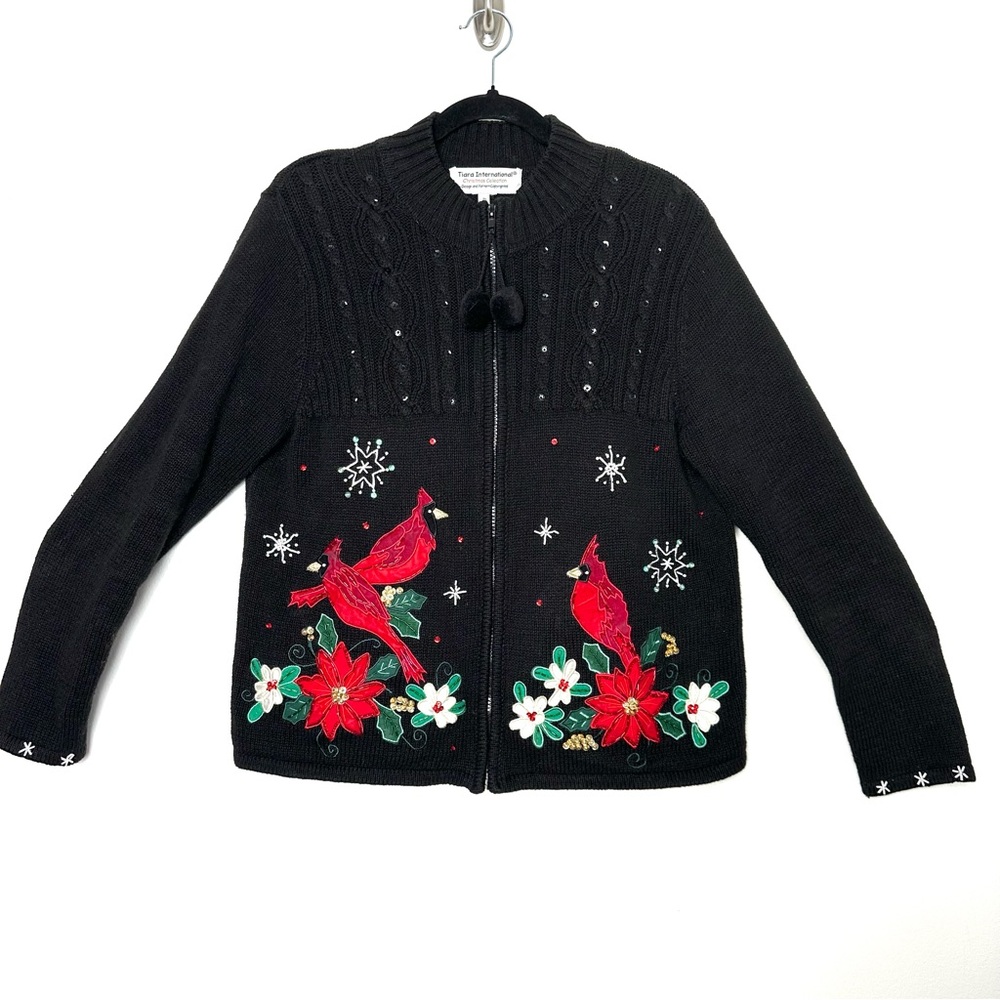 Vintage Ugly Christmas Sweater Red Cardinals Pom Pom Funnel Neck Zip Up Kitschy